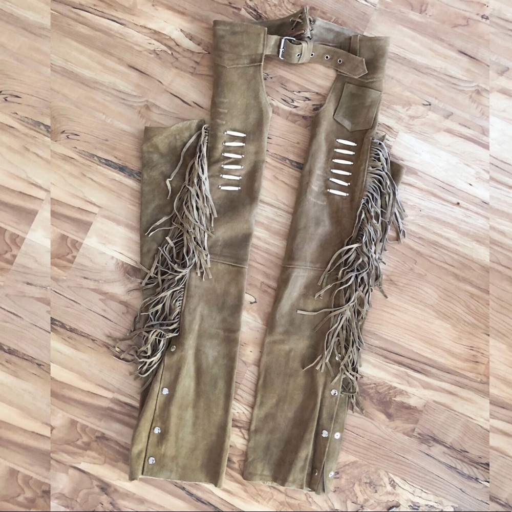 Suede Chaps with Fringe and Bone Accents
